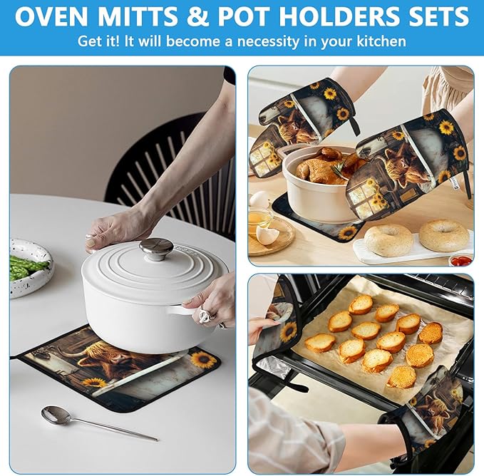 Highland Cow Sunflower Oven Mitts and Pot Holders Sets Heat Resistant 4Pcs Potholders Oven Gloves Hot Pads for Kitchen Baking Cooking Grilling BBQ