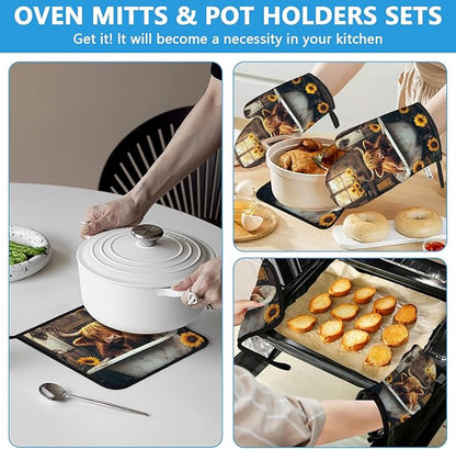 Highland Cow Sunflower Oven Mitts and Pot Holders Sets Heat Resistant 4Pcs Potholders Oven Gloves Hot Pads for Kitchen Baking Cooking Grilling BBQ