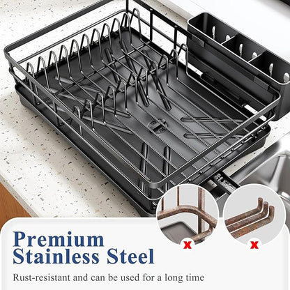 SNTD Dish Drying Rack for Kitchen Counter - Large Dish Rack with Drainboard, Rustproof Dish Drainer with Utensil Holder for Sink, Black - Image 6
