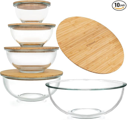 Stackable Space-Saving Set of 5 Nesting Glass Bowls with Bamboo Lids for Foodprep, Storage, Baking, Mixing & Cooking, Microwave & Oven Safe BPA Free Heat Resistant Inert Borosilicate Glass by Dokaworld