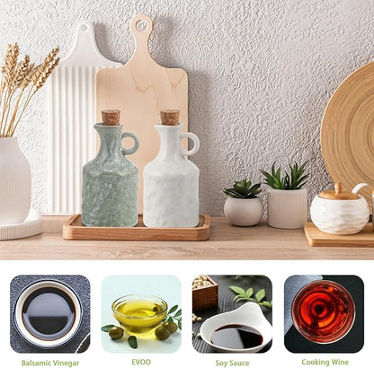 MDLUU Ceramic Olive Oil Vinegar Dispenser Bottle with Cork Stopper, 13.5 oz Porcelain Clay Small Opaque Oil Cruets with Funnel, Set of 2 (Green and White)
