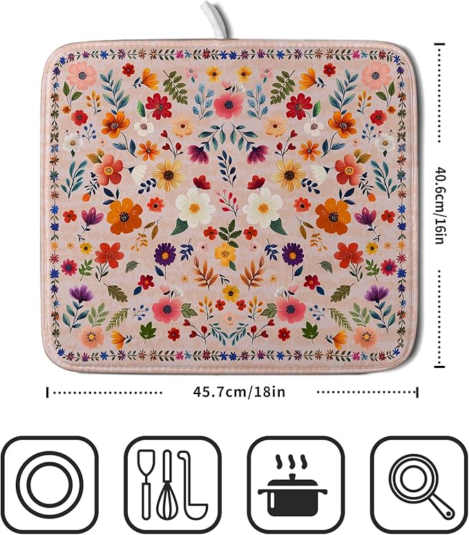 Boho Floral Dish Drying Mat - Pink Wildflower Absorbent Microfiber Kitchen Counter Pad for Home Coffee Bar Decor - Image 2