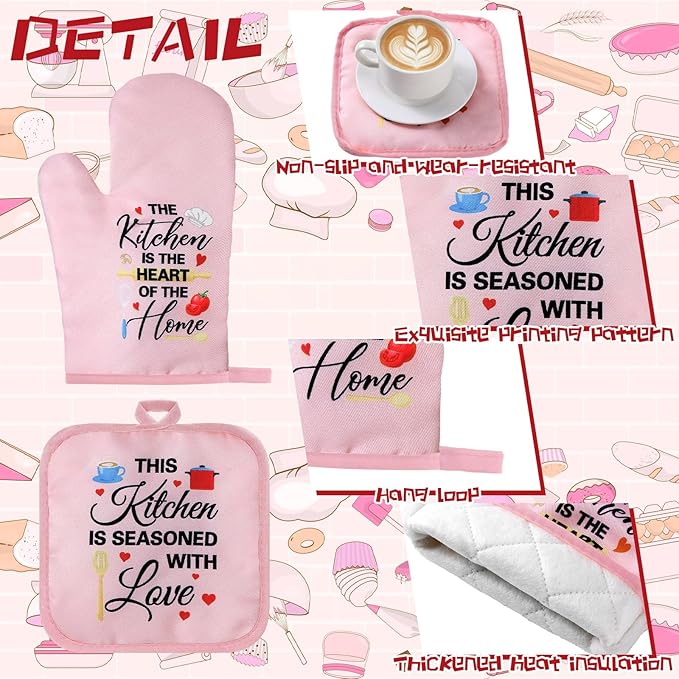 Leinuosen 8 Pcs Kitchen Towels and Oven Mitts Sets Pot Holders Dishcloths Set Kitchen Decorative Accessories Absorbent Potholders Heat Resistant for Chef Baking Cooking(Pink,Food) - Image 5