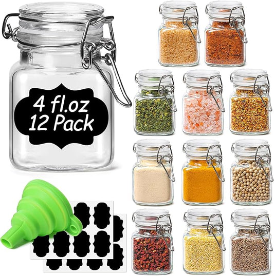 ComSaf Set of 12 Square Glass Spice Jars with Airtight Lids (4 Oz), Mini Favor Jars with Wire Clamp for Honey, Herbs & Farmhouse Kitchen Pantry Organization, with Funnel & Labels by ComSaf