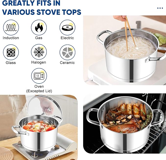 TeamFar 5 QT Stock Pot, Tri-ply Bottom Stainless Steel Stockpot Cooking Soup Pasta Pot with Lid for Gas/Induction/Electric Stoves, Non-toxic & Heavy Duty, Double Handles & Dishwasher Safe - Image 4