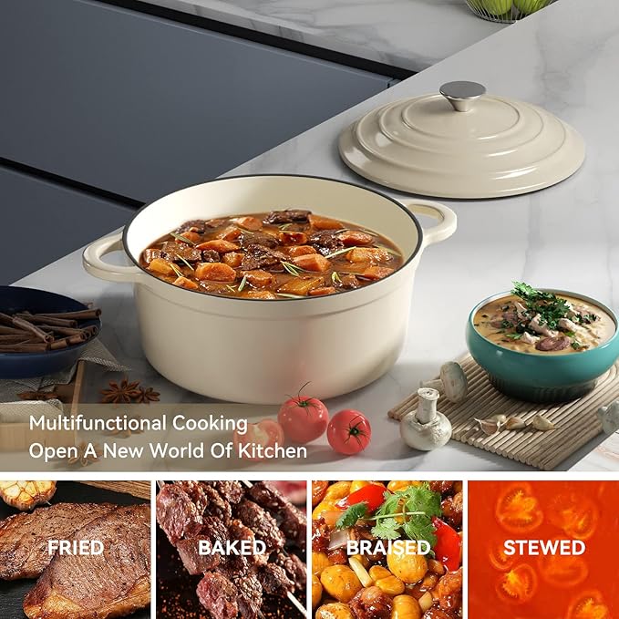 Miereirl 4.5 Quart Enameled Dutch Oven Pot with Lid, Cast Iron Dutch Oven with Dual Handles for Bread Baking, Cooking, Non-stick Enamel Coated Cookware (Beige) - Image 6
