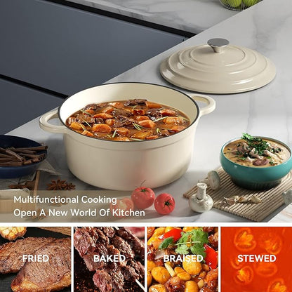 Miereirl 4.5 Quart Enameled Dutch Oven Pot with Lid, Cast Iron Dutch Oven with Dual Handles for Bread Baking, Cooking, Non-stick Enamel Coated Cookware (Beige) - Image 6