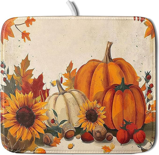 Happy Thanksgiving Day Harvest Dish Drying Mat for Kitchen Counter,Sunflower Maple Leaves Pumpkin Drying Mat 16 x 18 Inch with Absorbent Reversible Microfiber Dish Drying Pad for Coffee Bar by Anyako