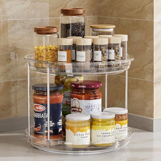 LAMU 2 Pack 2 Tier Lazy Susan Turntable Organizer 9.25'' Rotating Spice Rack Organization for Cabinet, Kitchen, Pantry, Countertop, Bathroom, Vanity, Medicine Cabinet Organizer, Clear - Image 8