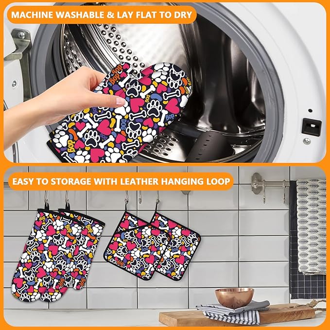 Paw Prints Oven Mitts and Pot Holders Sets 4Pcs,Extra Long Oven Gloves Potholder for Kitchen Cooking Baking BBQ 100% Cotton Heat Resistant - Image 5