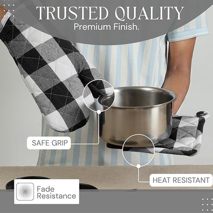 Oven Mitt & Pot Holder Buffalo Plaid Check 100% Cotton Heat Resistant Oven Gloves (7"x13") & Hot Pads (8"x8") Combo for Baking, Cooking - Black