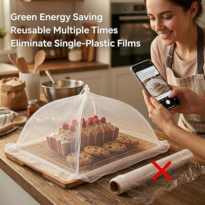 4-Pack Food Cover Mesh Food Tent for Kitchen and Outdoor Use,2 x 17-inch & 2 x 14-inch Pop-Up Screen Tents to Protect Plants Plastic,Collapsible Reusable Covers for BBQ,Fruit Baskets, Parties, Camping - Image 3