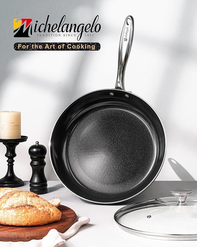 MICHELANGELO Non Stick Frying Pan - 12 Inch Frying Pan Nonstick with Lid, Large Fry Pan Induction Compatible, Black Ceramic Skillet with Lid - Image 8
