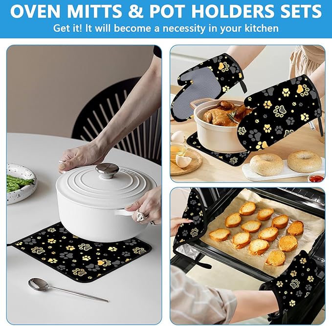 Gold Dog Paw Print Oven Mitts and Pot Holders Sets Heat Resistant 4Pcs Potholders Oven Gloves Hot Pads for Kitchen Baking Cooking Grilling BBQ