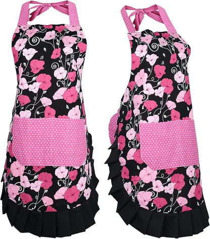 G2PLUS Cotton Kitchen Apron with Pocket, Adjustable Cooking and Baking Apron for Women, Floral Chef Apron for BBQ, Housewarming Gift, Farmhouse Kitchen Decor (Pink + Black)