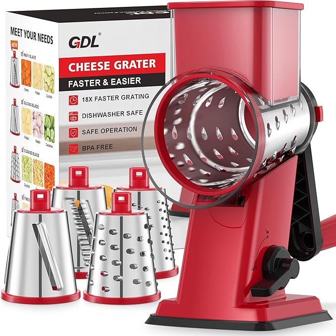 GDL Rotary Cheese Grater Hand Crank - Upgraded Cheese Shredder with 4 Interchangeable Blades, Rotary Grater with Non-slip Suction Base, Easy to Clean Kitchen Grater Slicer Grinder for Vegetable Nuts by GDL