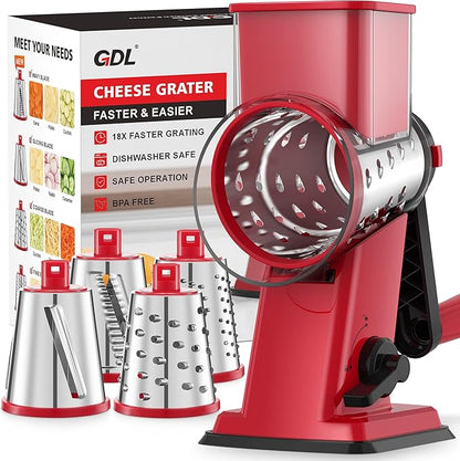 GDL Rotary Cheese Grater Hand Crank - Upgraded Cheese Shredder with 4 Interchangeable Blades, Rotary Grater with Non-slip Suction Base, Easy to Clean Kitchen Grater Slicer Grinder for Vegetable Nuts by GDL