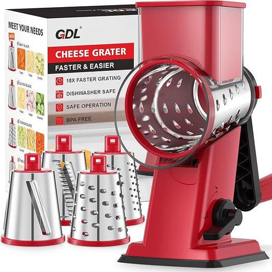 GDL Rotary Cheese Grater Hand Crank - Upgraded Cheese Shredder with 4 Interchangeable Blades, Rotary Grater with Non-slip Suction Base, Easy to Clean Kitchen Grater Slicer Grinder for Vegetable Nuts by GDL
