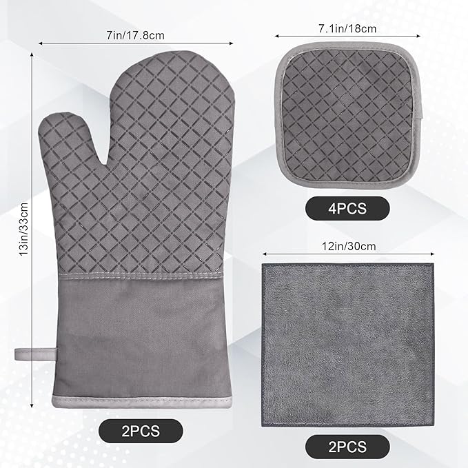 Oven Mitts and Pot Holders 8pcs Set, Cotton Oven Glove with Non-Slip Silicone Surface, Machine Washable Pot Holders, Extra Long Oven mits, Heat Resistant 500 °F, for Cooking, Grilling, Baking - Image 2