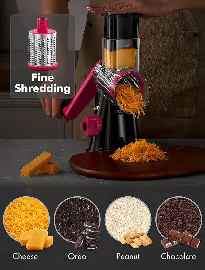 Cheese Grater Rotary, Rotary Grater for Kitchen, Kitchen Vegetable Slicer with 3 Drum Blades, Fast Cutting Cheese Shredder for Vegetables and Nuts (Black+Rosy, 3 BLADES) - Image 4