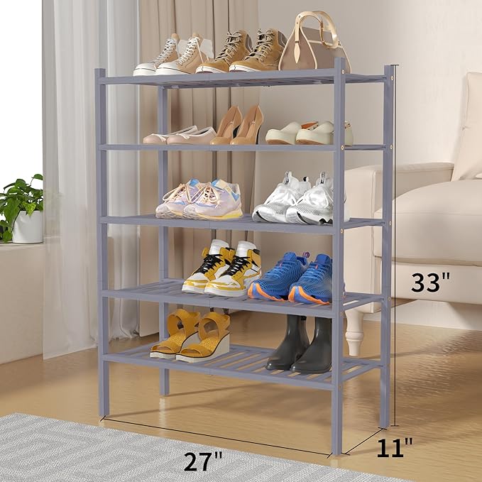 ROMGUAR CRAFT 5 Tier Bamboo Shoe Rack for Closet Free Standing Wood Shoe Shelf for Entryway Small Space Stackable 27"x11"x33" (Grey) - Image 3