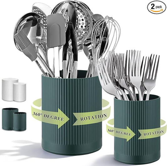 HOMQUEN 360° Rotating Utensil Holder, 6.3''+4.7'' Plastic Kitchen Utensil Holder for Countertop, Large Cooking Utensil Crocks for Kitchen Decor, Utensil Organizer for Spatula, Set of 2 (Green) by HOMQUEN