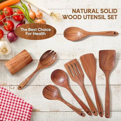 Wooden Spoons for Cooking, 8 PCS Teak Wood Cookware Utensil Set with Hooks - Smooth Finish, Non-Stick, Comfort Grip Cooking Spoons and Utensils Holder - Image 6
