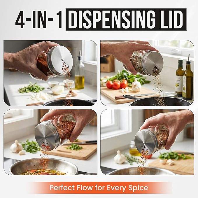 Mason Jar Shaker Lids Stainless Steel – Adjustable Spice & Seasoning Dispenser Tops for Regular Mouth Ball Canning Jars (6 Pack)