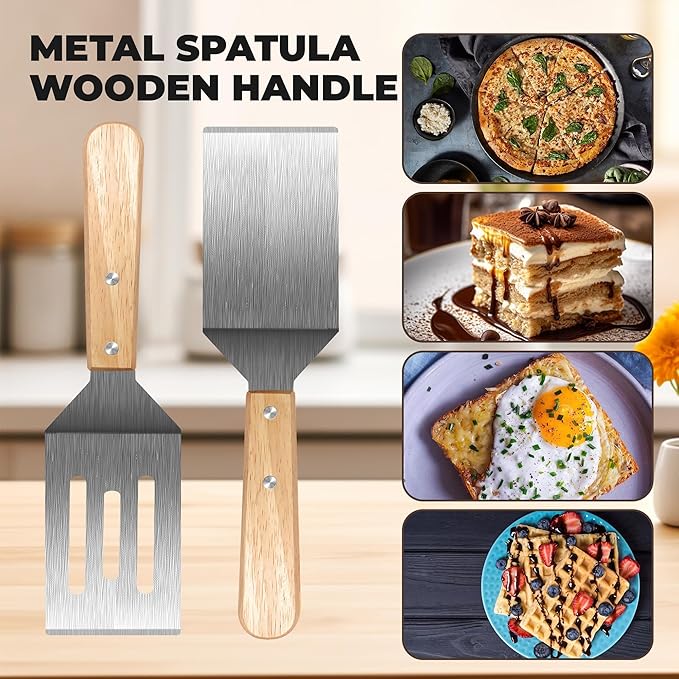 Stainless Steel Spatula Set, Metal Spatula for Cast Iron Skillet, Metal Spatulas for Kitchen Use with Wooden Handle, Ideal for Frying Steak, Pancake, Cookie, Burger, Brownie or Desserts - Image 4