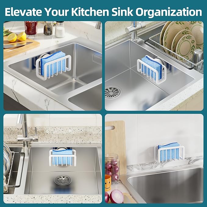 TAILI Sink Caddy with Strong Suction Cup, Sponge Holder for Kitchen Sink Oganizer, Removable Rustproof Aluminum Sponge Holder, Dish Brush for Scraper - White - Image 6