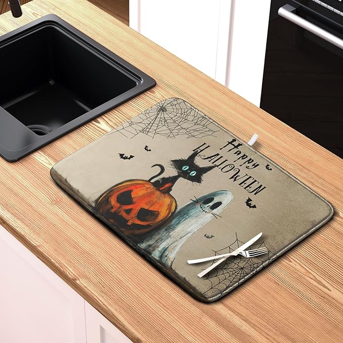 Happy Halloween Dish Drying Mat for Dishs 16x18 Inch Halloween Pumpkin Ghost Black Cat Kitchen Drying Mat Spooky Spiderweb Holiday Dish Drainer Mat Super Absorbent Dish Rack Pad for Coffee Bar Sinks - Image 6