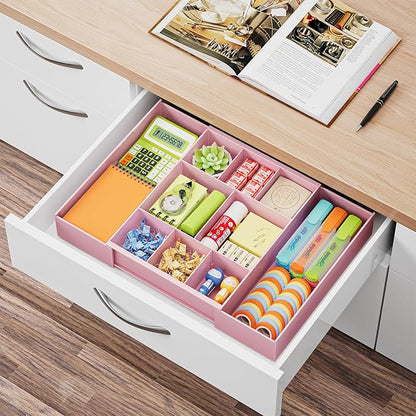 Marbrasse Expandable Desk Drawer Organizer, Clear Plastic Drawer Organizer Tray with 10 Adjustable Compartments, Desk Organizers and Accessories, 5 Drawer Dividers for Office Supplies, Makeup (Pink) - Image 8