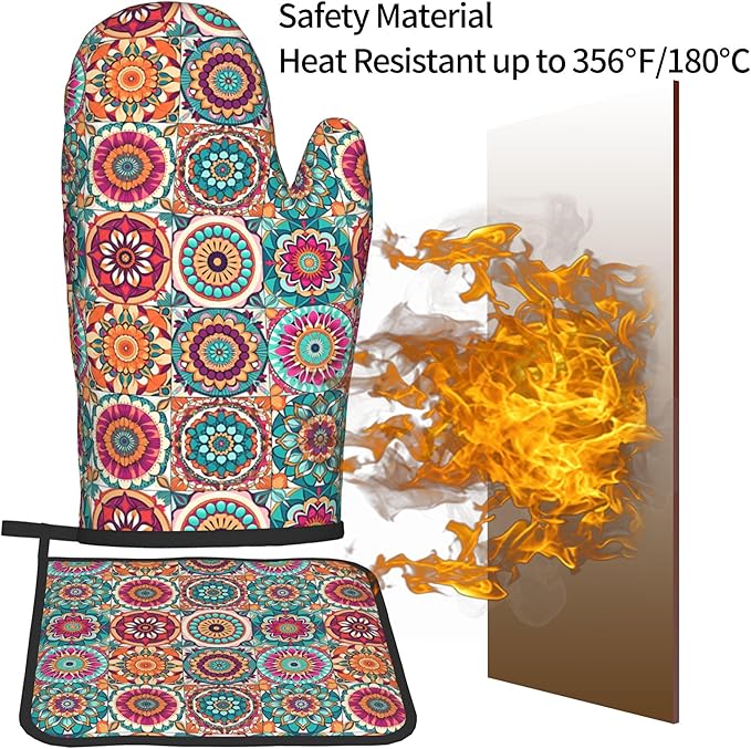 Boho Oven Mitts and Pot Holders - Mexican Flower Kitchen Mitt Sets of 2 Bohemian Oven Gloves Hot Pads for Cooking Baking Grilling - Image 5
