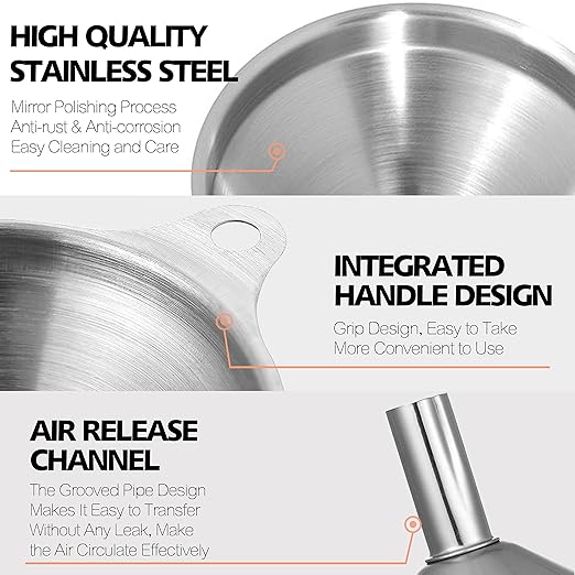 Anaeat Stainless Steel Mini Kitchen Funnel Set, 3 Pack Durable Metal Filling Funnels for Transferring Liquid, Dry ingredients, Cosmetic Lotion, Fluid, Spices, Powder - Food-Grade & High Heat Resistant - Image 5