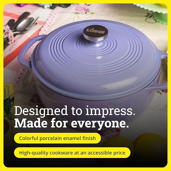 Lodge Essential Enamel Cast Iron Dutch Oven - Perfect for Bread Baking, Braising, Marinating & Slow Cooking - Features Moisture-Sealing Lid & Dual Handles - Kitchen Essentials - 6 Quarts - Lilac - Image 6