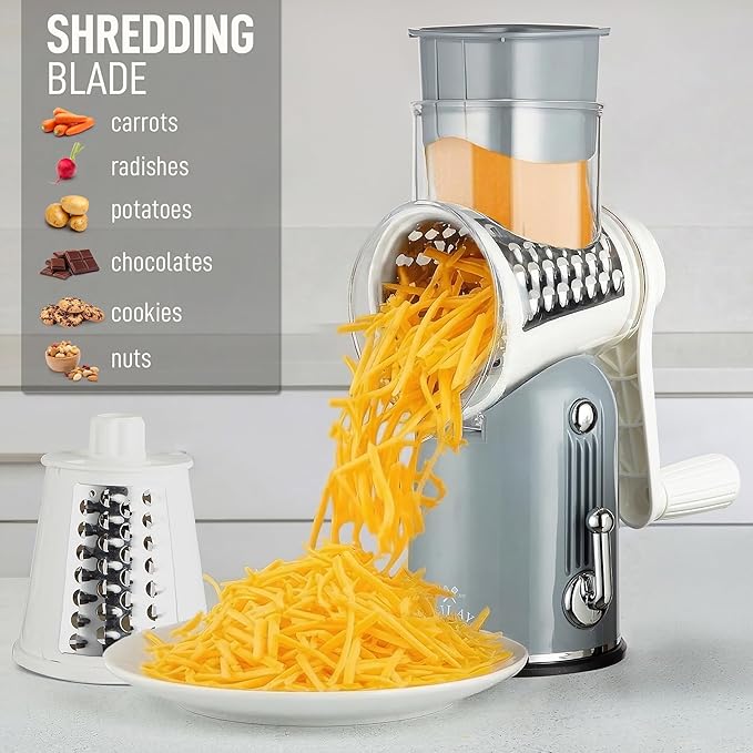 Zulay Kitchen Rotary Cheese Grater 5 Blade Cheese Shredder - Manual Hand Crank Cheese Grater With Reinforced Suction & 5 Interchangeable Drums - Easy to Use, Vegetable Chopper Round Mandoline Slicer - Image 3