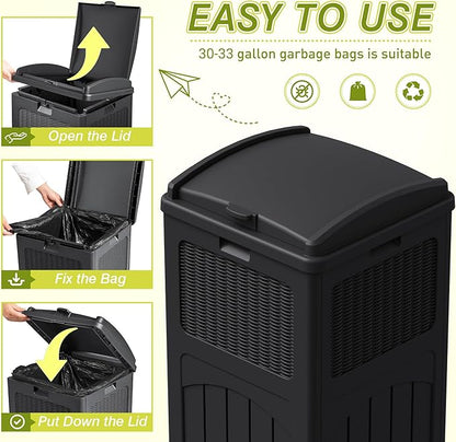 Greesum 33 Gallon Outdoor Trash Can with Lid, Waterproof Resin Garbage Bin for Hideaway, Deck, Patio, 3 Pack, Black