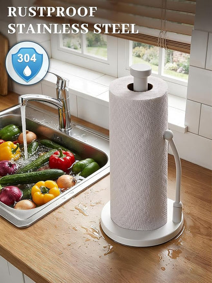 SMARTAKE Paper Towel Holder, Paper Towel Dispenser Standing Weighted Base Non Slip, Spring Arm for Easy Tear, Stainless Steel Paper Towel Holder for Home Kitchen Countertop Tabletop, White - Image 3