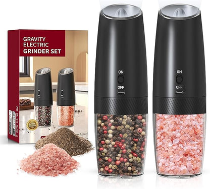 Rechargeable Salt And Pepper Grinder Set with LED Light, Automatic Electric Gravity Salt And Pepper Shakers Set, No Battery Needed, Adjustable Roughness, 2 Pack (Black&Black) by Unknown