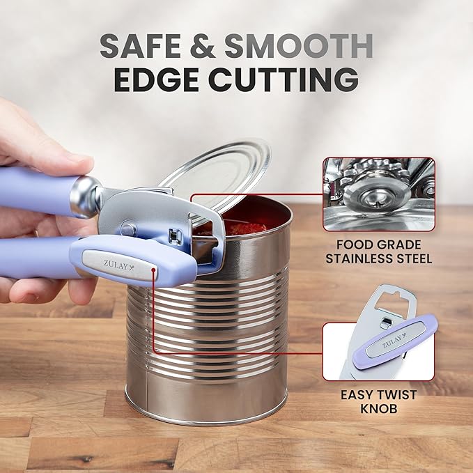 Zulay Kitchen Heavy Duty Stainless Steel Can Opener Manual with Bottle Opener - Rust Proof Manual Can Opener With Turn Knob & Comfy Soft Grip Handles - Periwinkle - Image 4