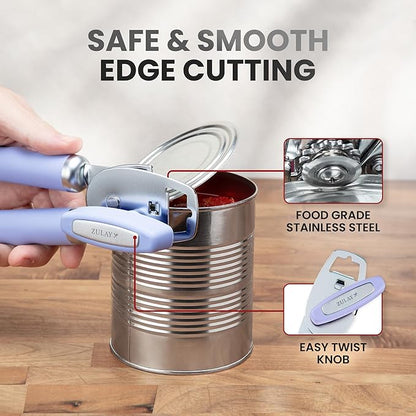 Zulay Kitchen Heavy Duty Stainless Steel Can Opener Manual with Bottle Opener - Rust Proof Manual Can Opener With Turn Knob & Comfy Soft Grip Handles - Periwinkle - Image 4