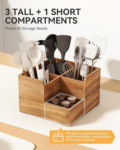 Yofidra Kitchen Utensil Holder with Stone Drying Mats, 4 Compartments Corner Utensil Holder for Kitchen Countertop, Extra Large Silverware Organizer (Wood Color)
