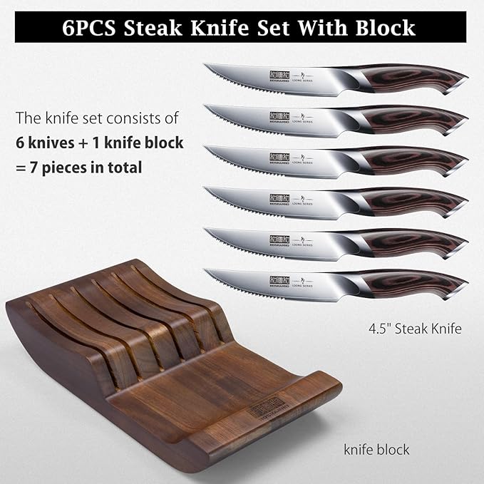 HOSHANHO Steak Knives Set of 6 with Block, 4.5 Inch Serrated Steak Knife Set, Japanese High Carbon Steel Kitchen Steak Knives with Ergonomic Handle