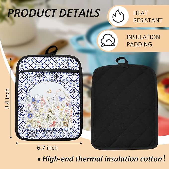 Colorful Wildflowers Floral Oven Mitts Set, Blue and White Heat Resistant Kitchen Oven Gloves for Baking and Cooking,Pot Holders - Image 2