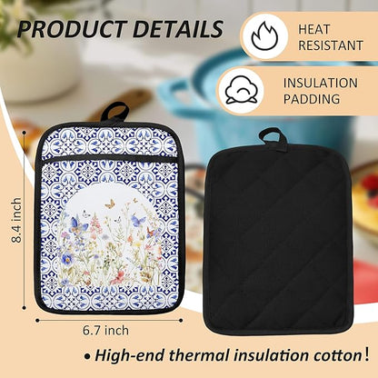 Colorful Wildflowers Floral Oven Mitts Set, Blue and White Heat Resistant Kitchen Oven Gloves for Baking and Cooking,Pot Holders - Image 2