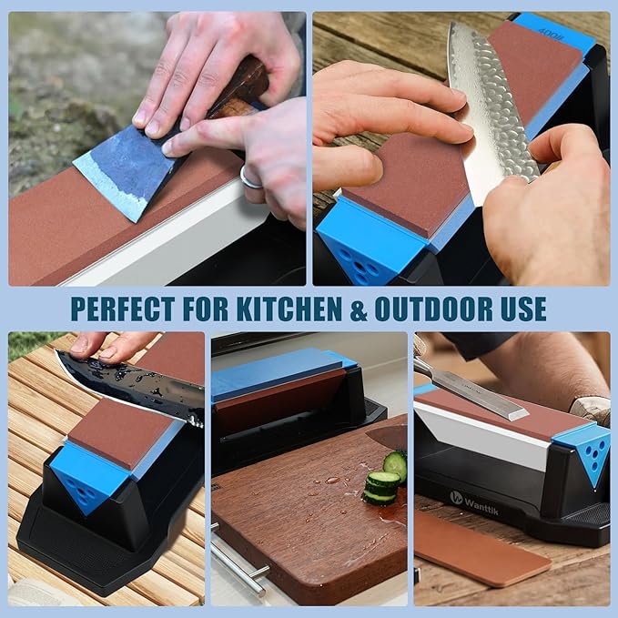 Large Knife Sharpening Stone, Tri-Stone Knife Sharpener, 3 Sides Grit 400/1000/5000, Whetstone Knife Sharpener with Non-Slip Base, Angle Guide & Leather Strop, for Kitchen Knives and Pocket Knives - Image 5