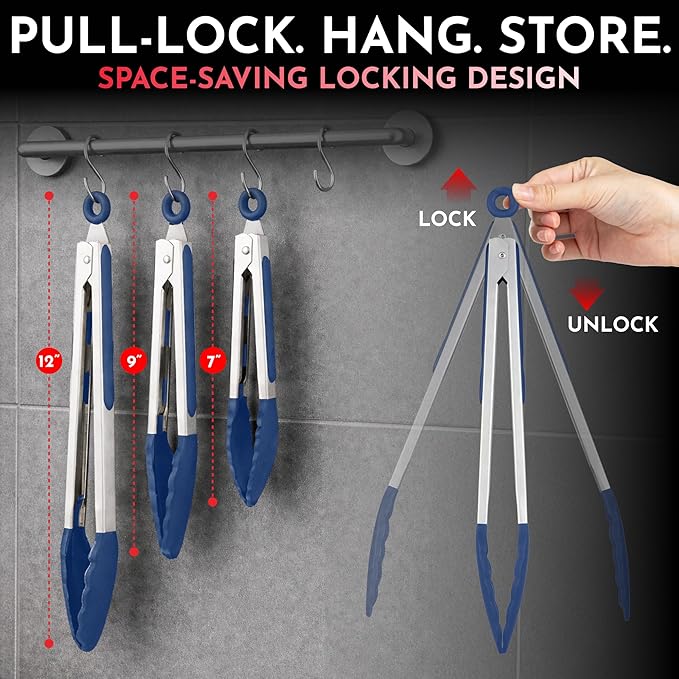 Kitchen Tongs with Silicone Tips Set of 3 Heat Resistant Tongs for Serving Food, 7-Inch, 9-Inch, 12-Inch Locking Silicone Tongs for Cooking, Salad Tong, Blue Kitchen Utensils - Image 2