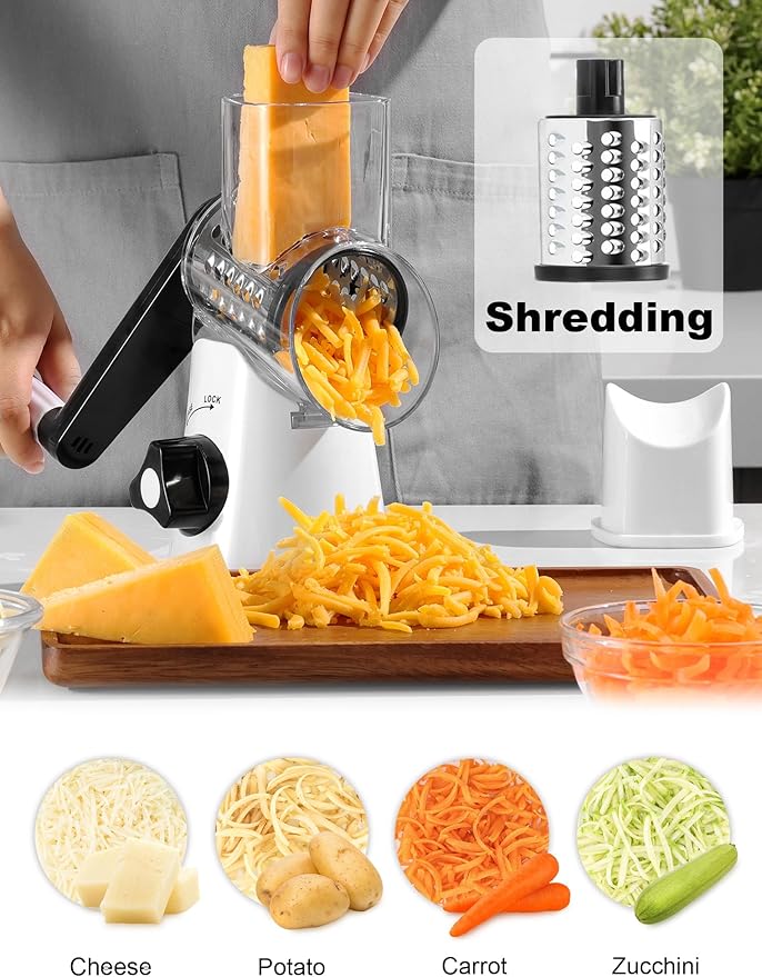 Cheese Grater Rotary, Rotary Grater for Kitchen, Kitchen Grater Vegetable Slicer with 3 Drum Blades, Fast Cutting Cheese Shredder for Vegetables and Nuts - Image 2