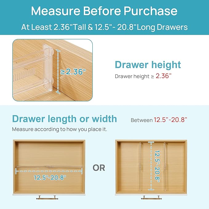Vtopmart 8 Pack Shallow Drawer Dividers, 2.36" High 12.5"-20.8" Adjustable Expandable Kitchen Drawer Organizer, Clear Plastic Organizer Separators for Flatware, Utensil, Cutlery, Underwear, Clothes - Image 3