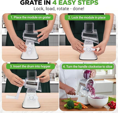 NutriChef 3 in 1 Cheese Grater & Shredder | Strong Suction Base, Rotary Handle with Safety Lock | Includes Hand Crank & 3 Drum Blades for 3 Textures, Fine, Medium & Strips | White - Image 2